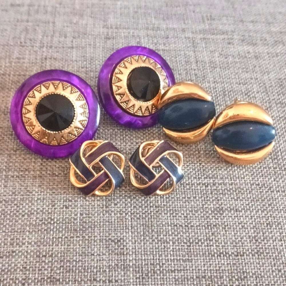 Set of 3 Pairs of 80s and 90s Vintage Earrings Purple and Dark Blue - Pre-loved